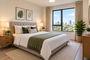 Ein modernes Schlafzimmer mit einem großen Bett, zwei Nachttischen, einem Fenster mit Stadtblick und zwei gerahmten Pflanzenbildern an der Wand.