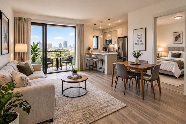 Eine moderne Wohnung mit Essbereich, Küche und einem Balkon mit Blick auf die Stadt.