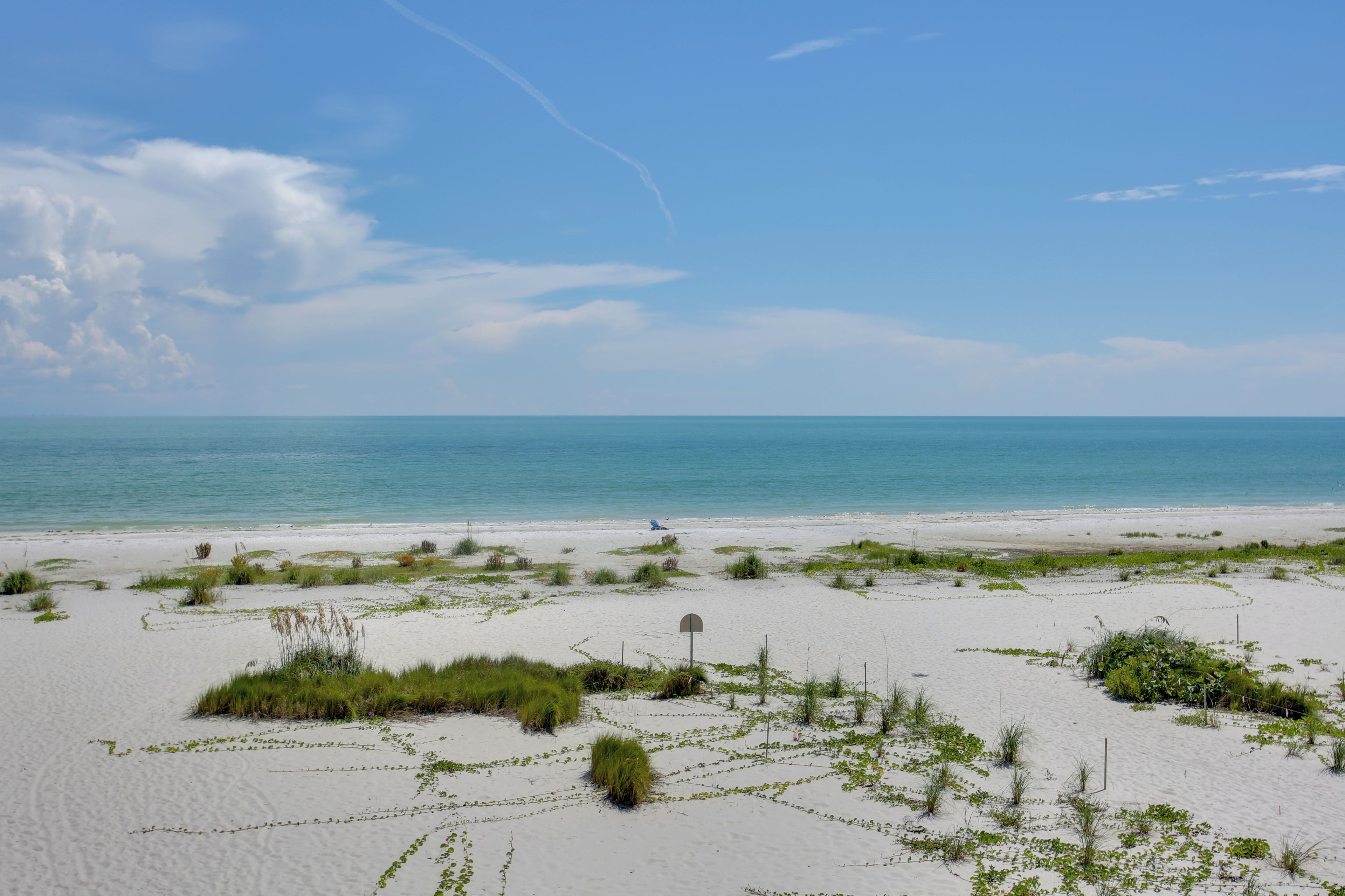 A beach with sand, sparse vegetation, and a clear sky.