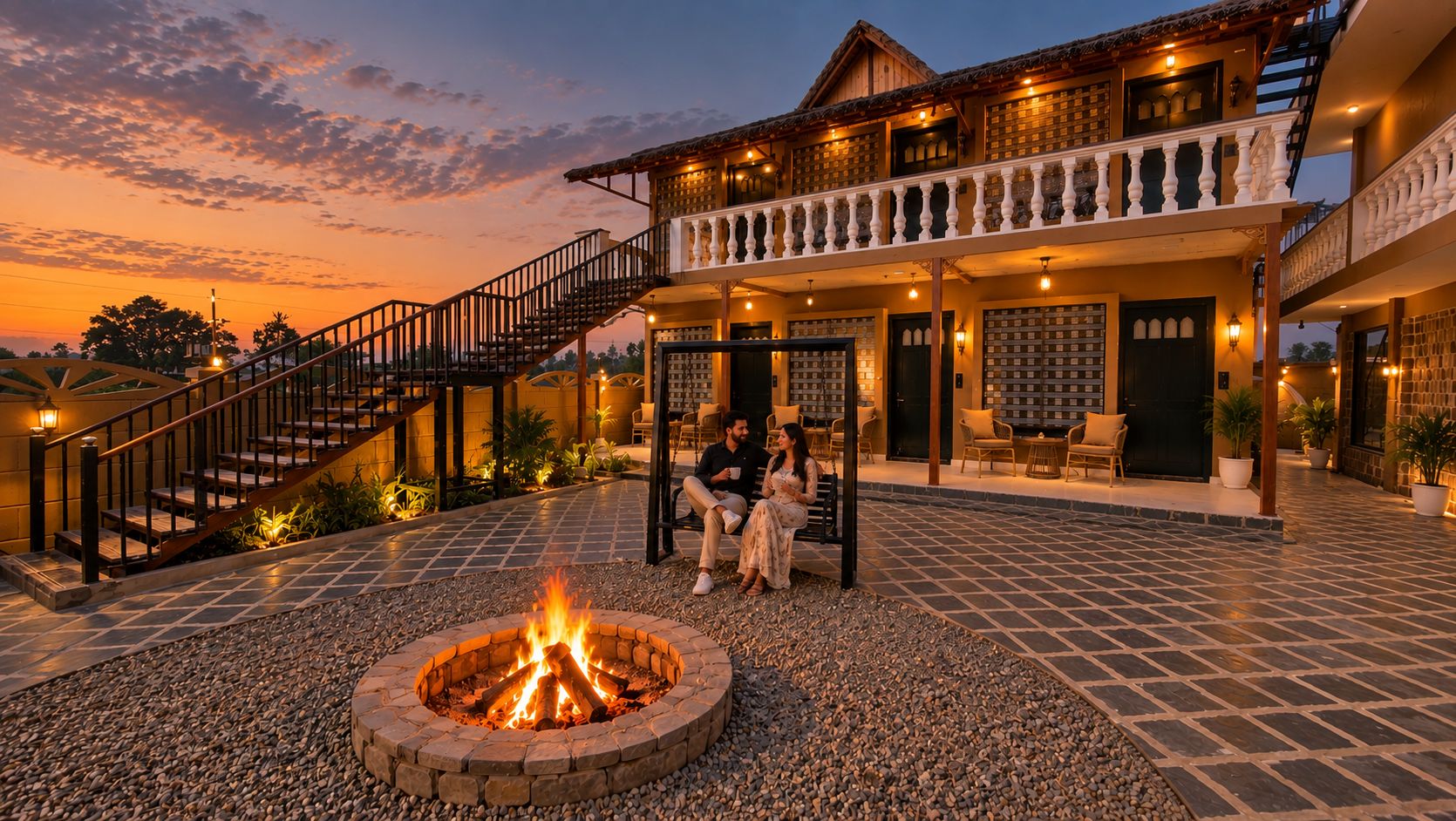 A two-story building with a fire pit in the center, outdoor seating, and a staircase leading to the upper level.