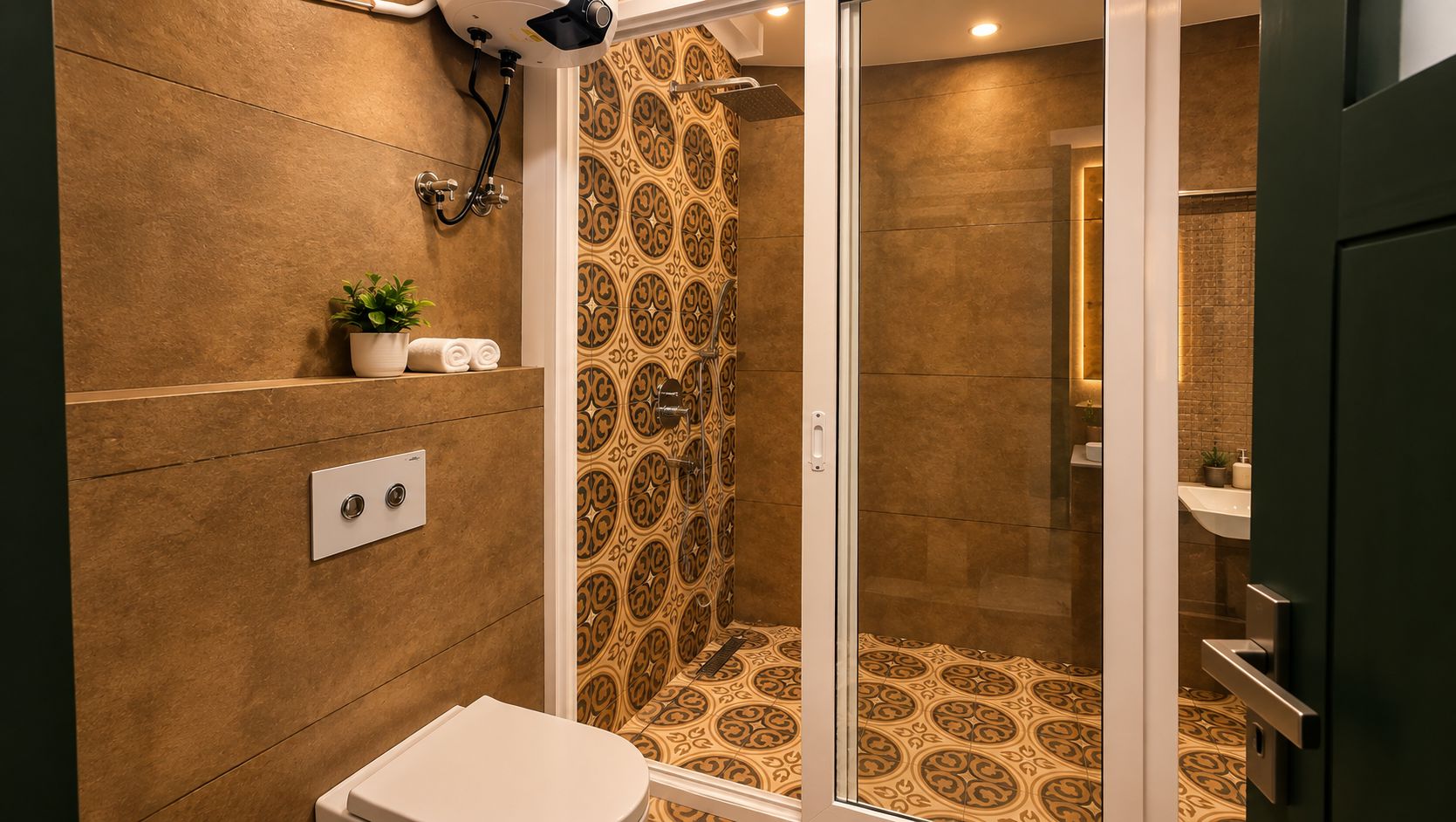 A bathroom with a shower, a toilet, and a sink.