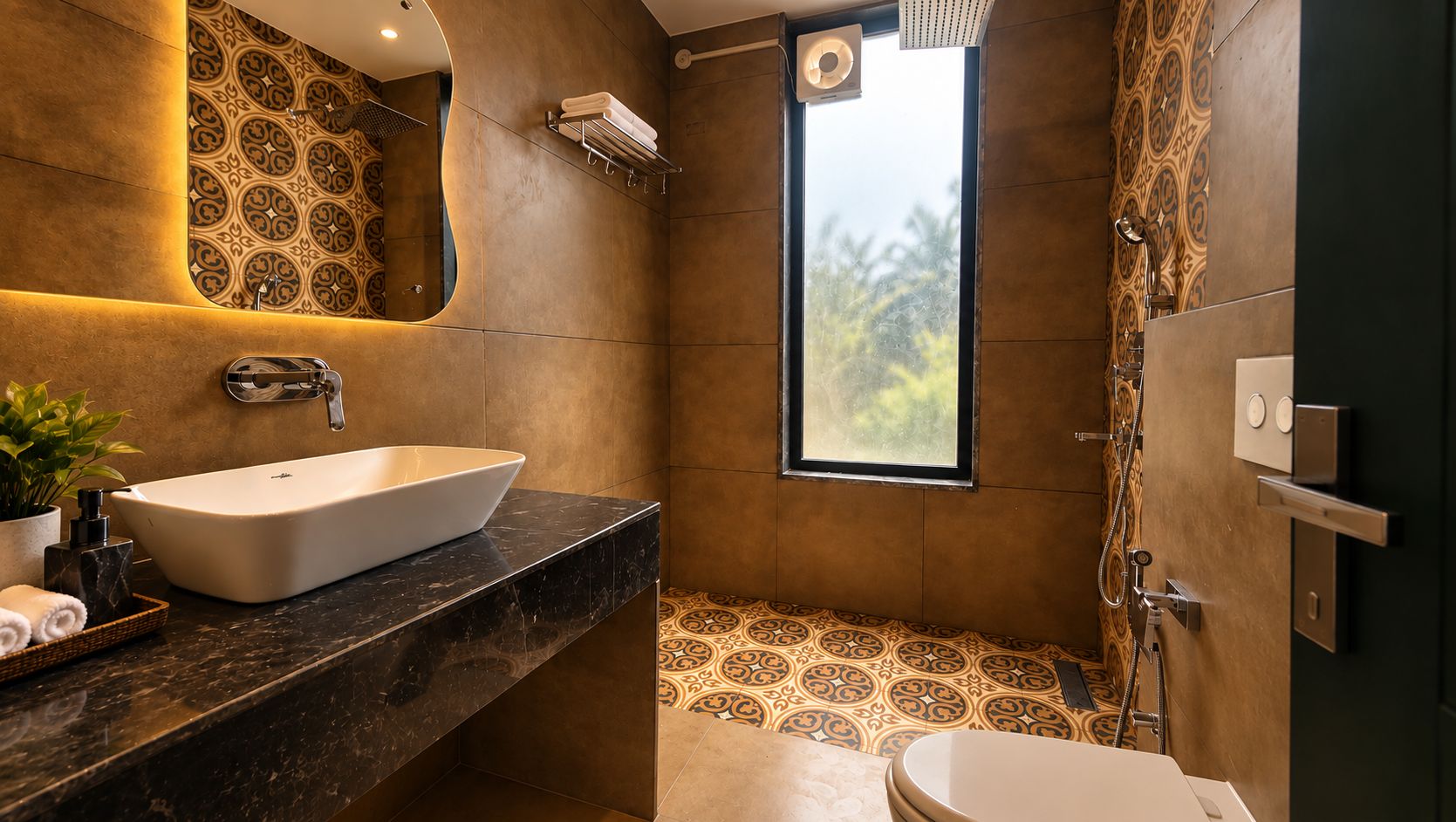 Une salle de bain avec un grand lavabo sur colonne, une douche et une fenêtre.