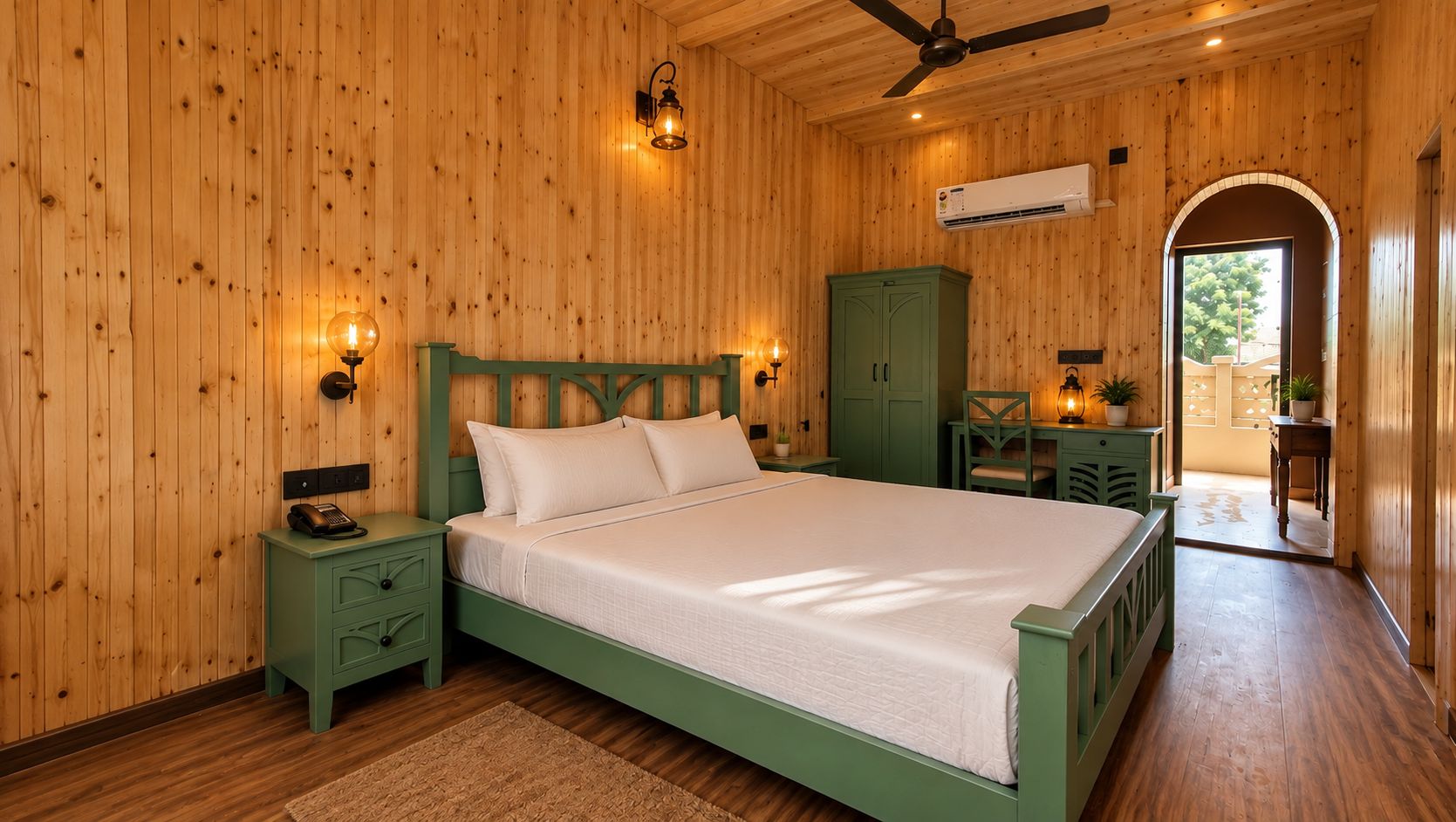 A wooden-paneled bedroom with a bed, nightstands, a desk, and an arched doorway leading outside.