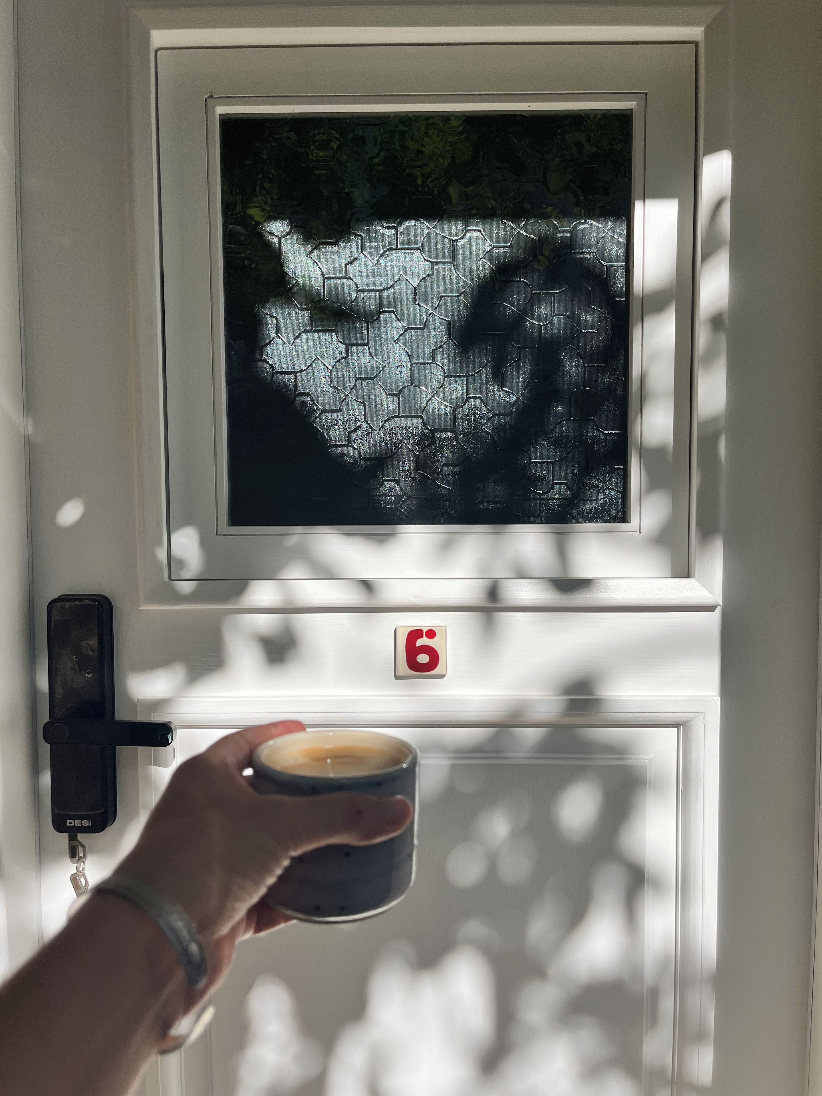 Een hand houdt een kaars vast voor een deur met een brievenbus en een huisnummer.