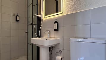 A modern bathroom with a glass shower enclosure, a pedestal sink, a toilet, and a mirror with a light.