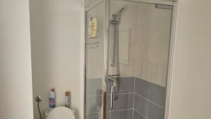 A bathroom with a glass-enclosed shower, a toilet, and a small wooden cabinet. - Vrbo Property (Thury-Harcourt-le-Hom)