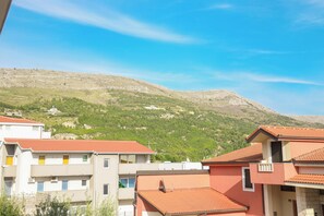 Ein Wohngebiet mit Gebäuden und einem Berg im Hintergrund.