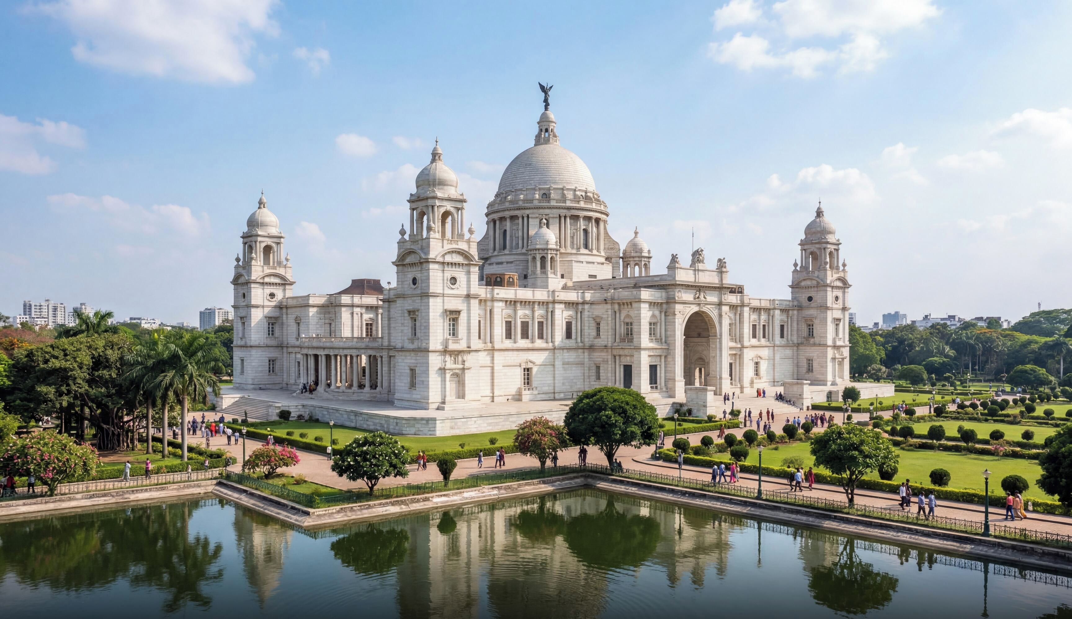 A large, historic building with multiple domes and towers, surrounded by a well-maintained garden and a reflecting pool.