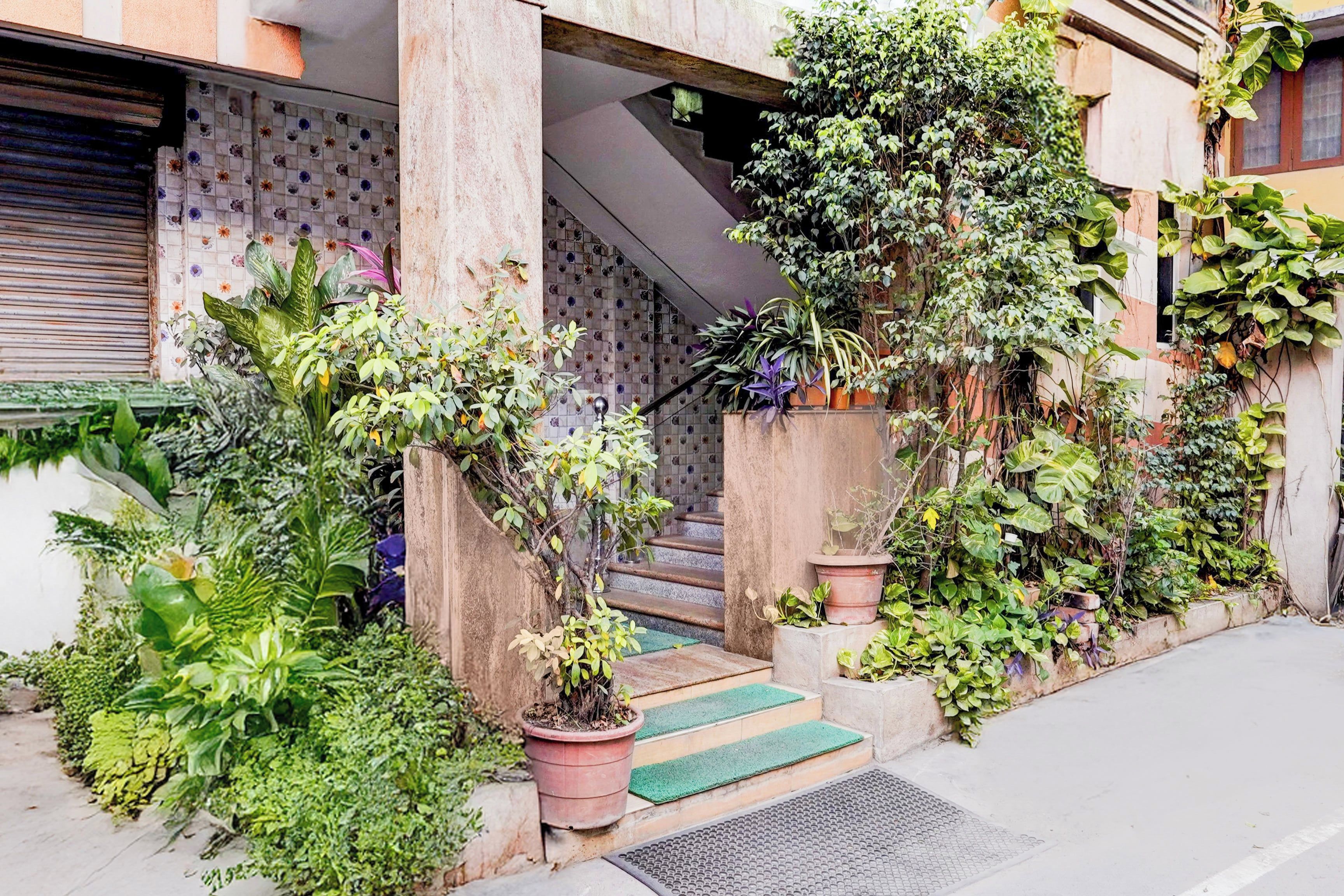 Un edificio residencial con fachada de tejas, una escalera y varias plantas en macetas.