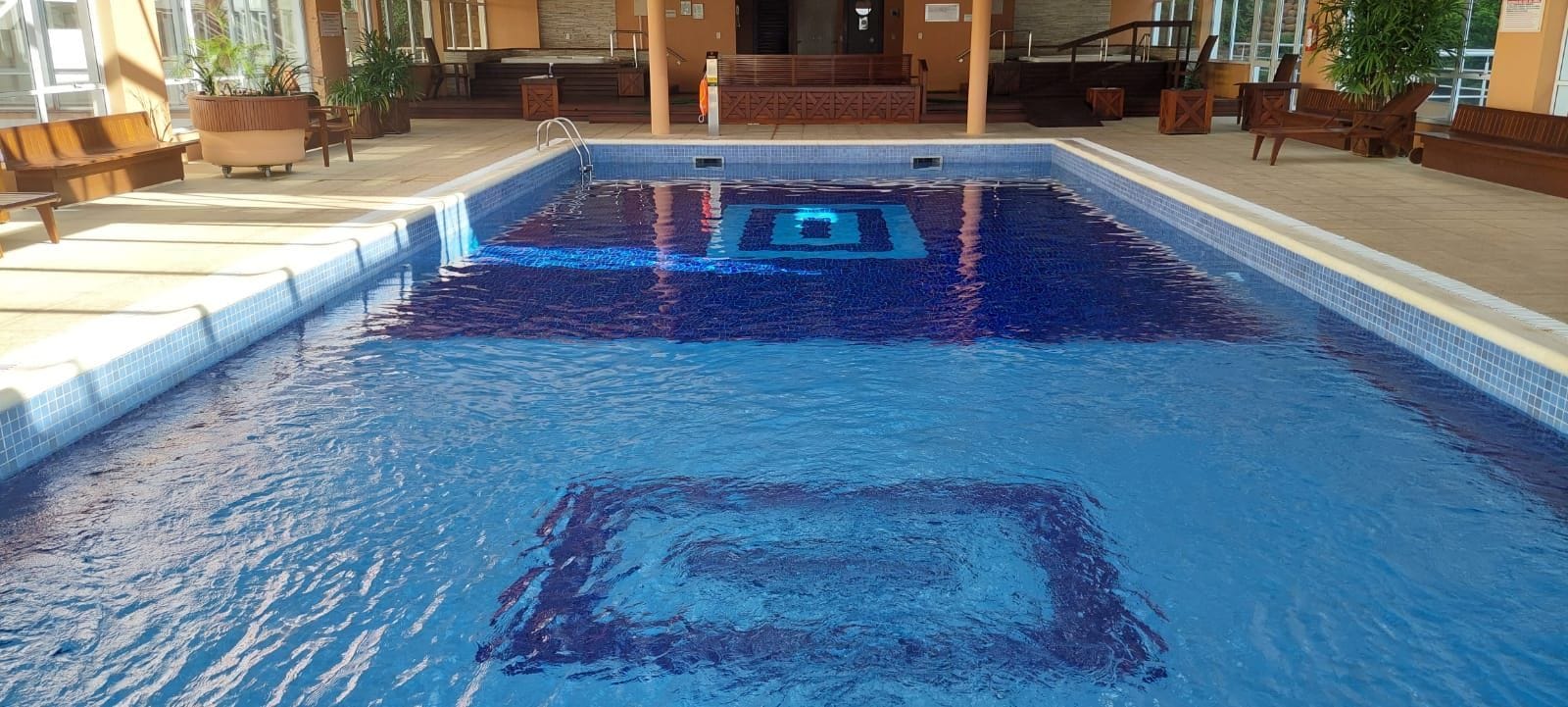 A swimming pool with a tiled border, surrounded by wooden benches and potted plants.
