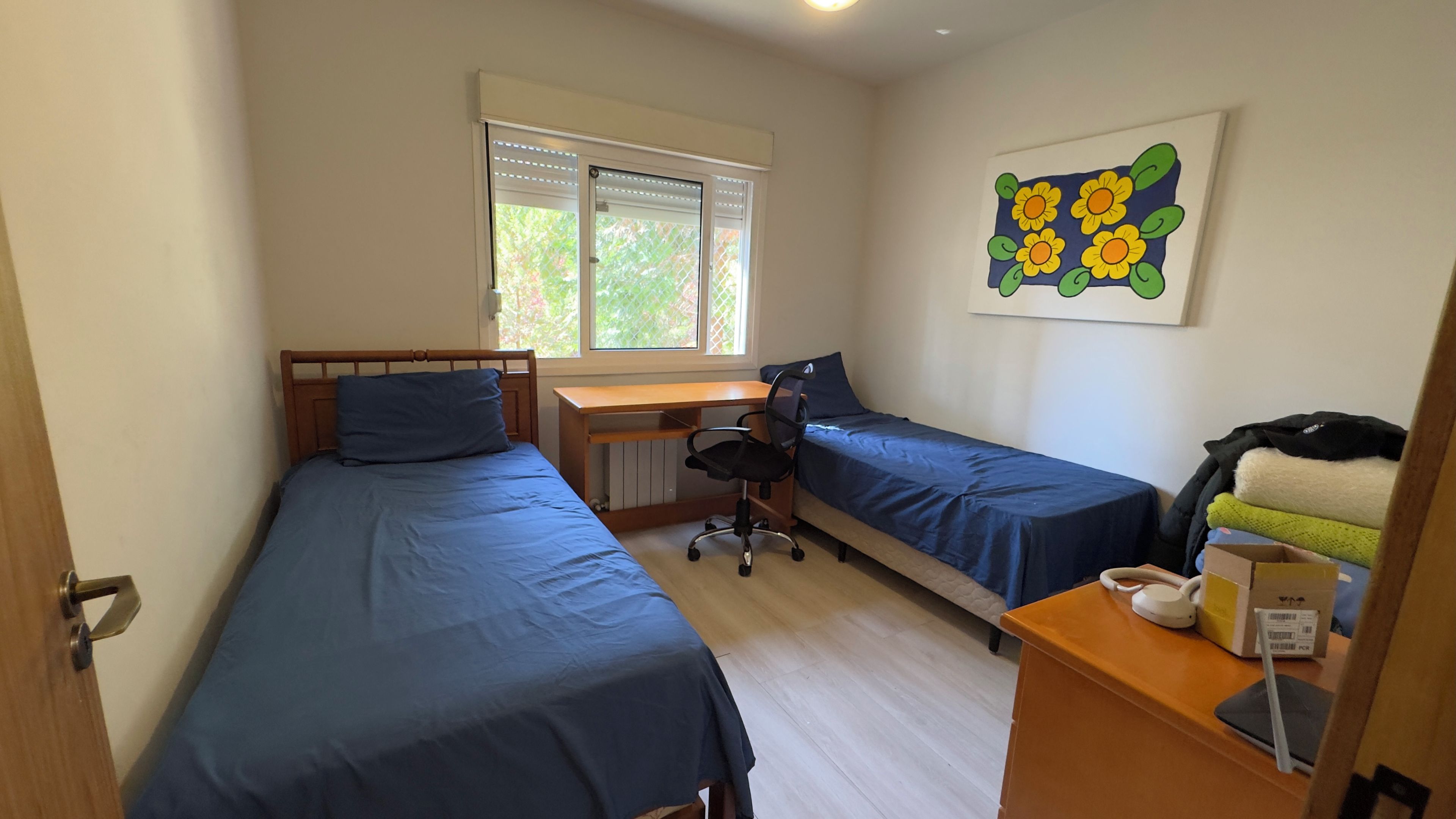 A bedroom with two single beds, a desk, and a chair.