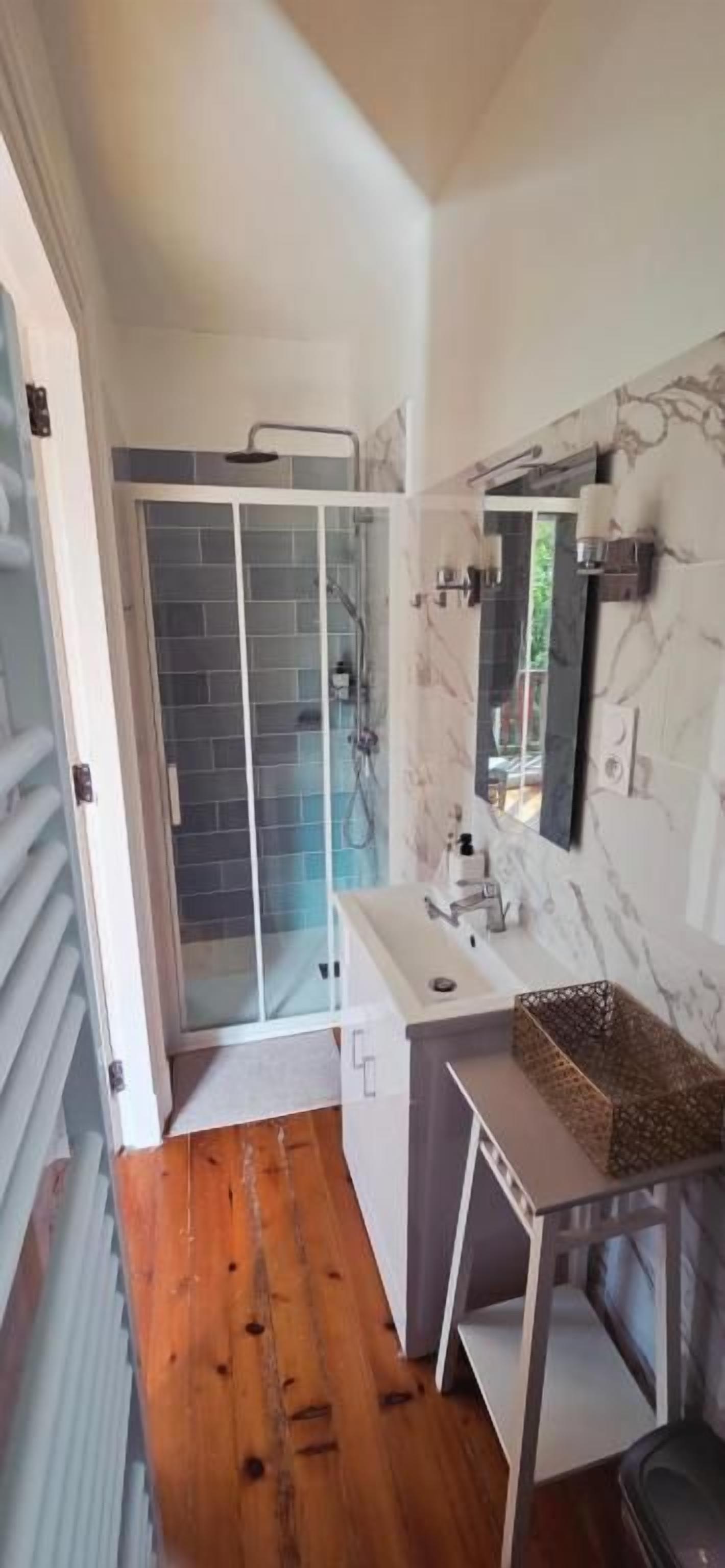 Une salle de bain avec une douche, un lavabo et un miroir.