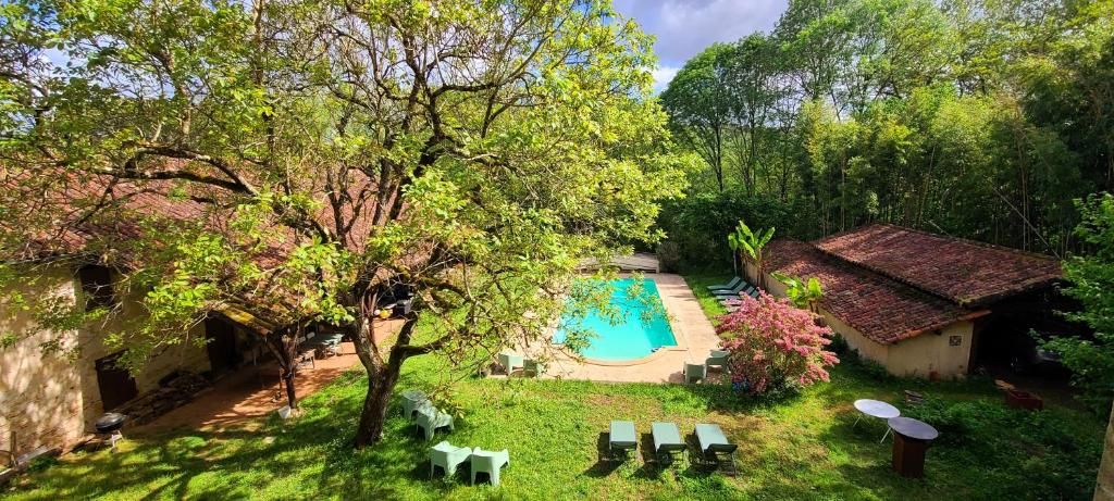 A backyard with a swimming pool, surrounded by trees and a small building.