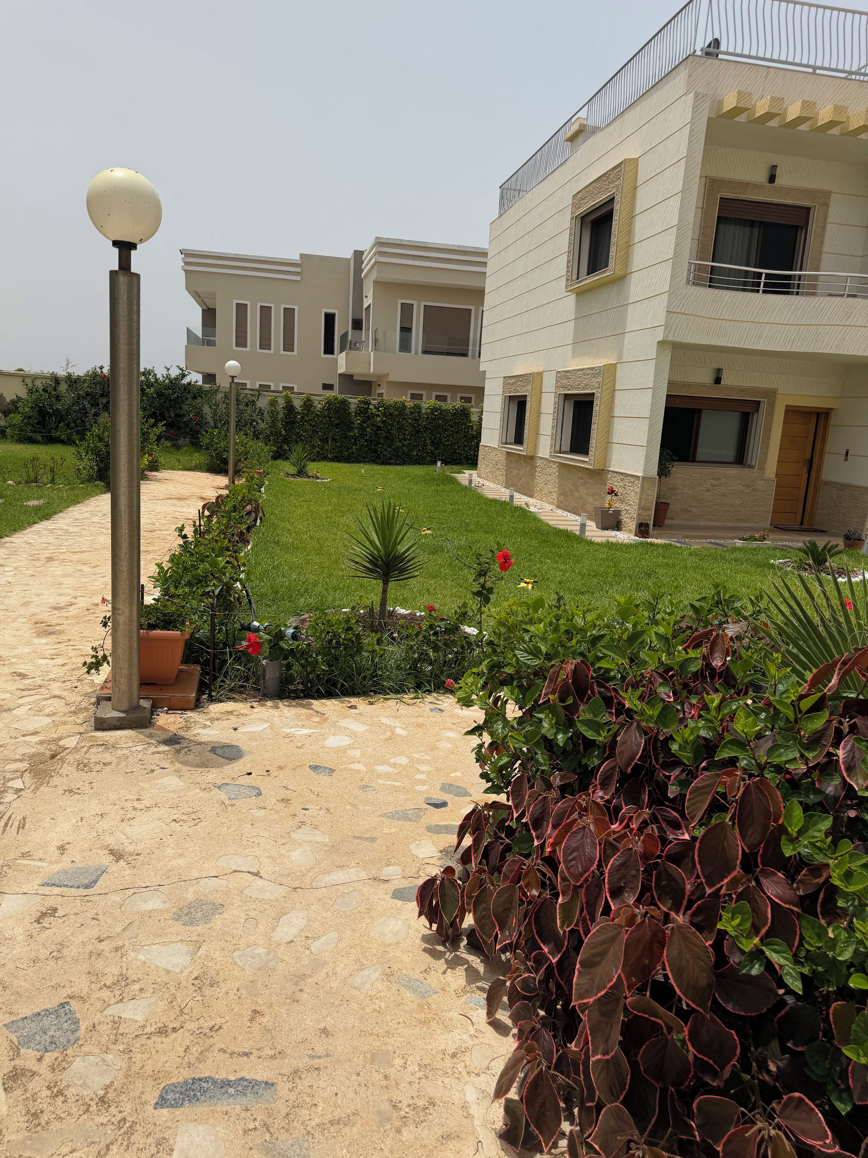 Un immeuble résidentiel doté d’un chemin pavé, d’un lampadaire et d’un jardin bien entretenu, agrémenté de diverses plantes et fleurs.