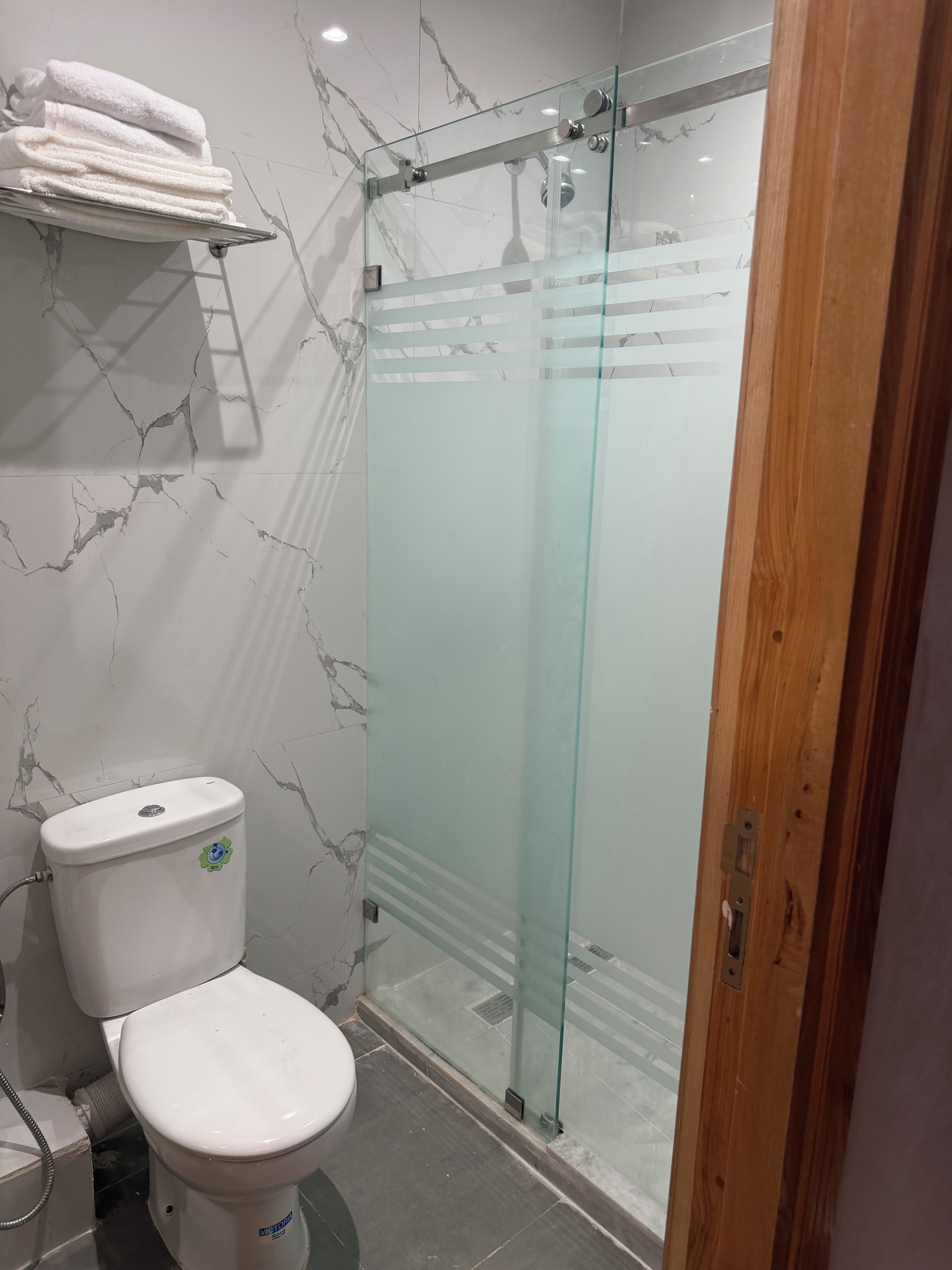 Ein Badezimmer mit Toilette, einer Duschkabine aus Glas und einer Wand mit Marmoroptik.