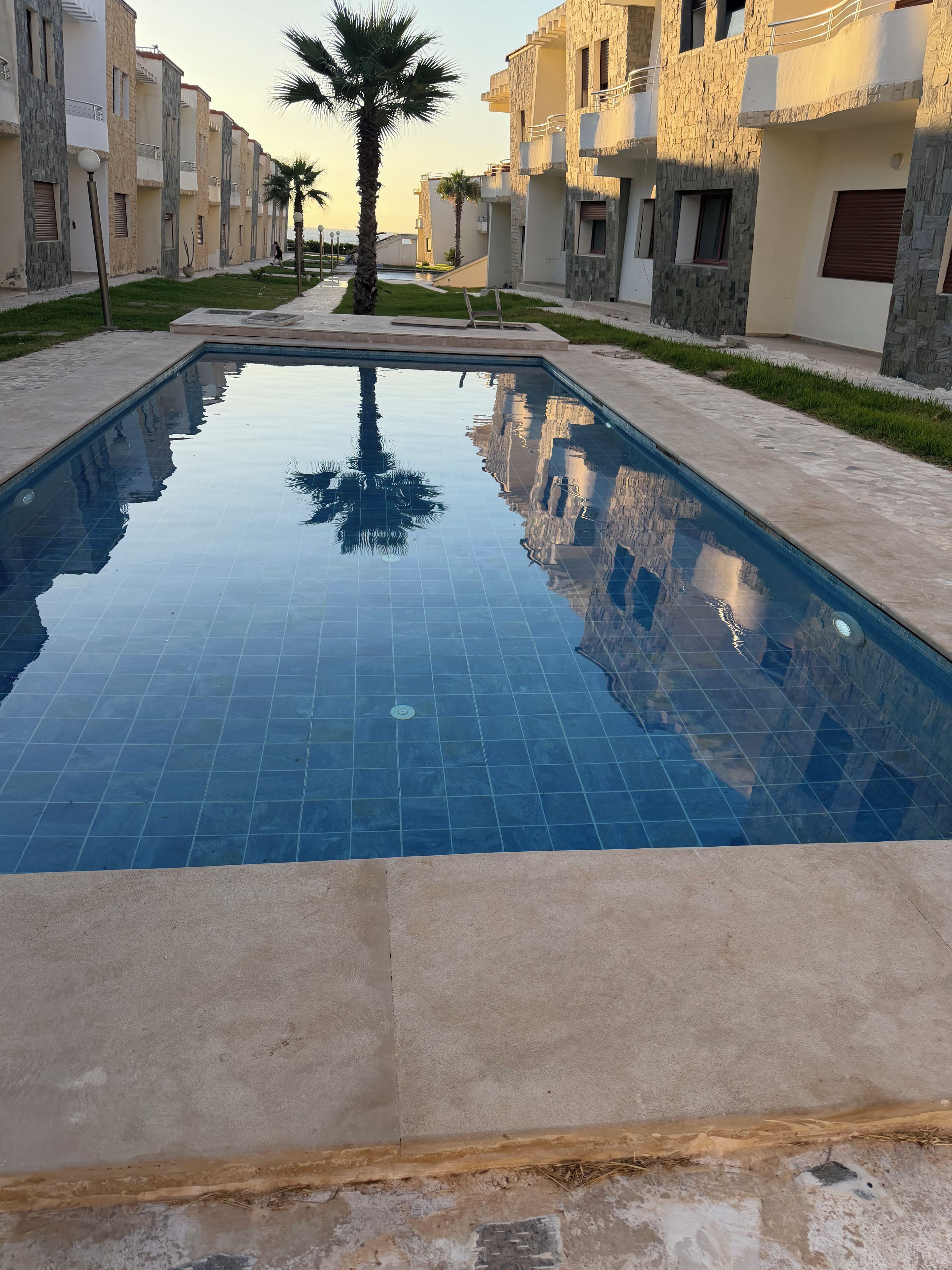 Une piscine dont le fond est recouvert de carrelage, entourée de bâtiments dotés de balcons et agrémentée d’un palmier.
