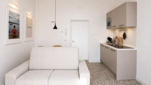 Um espaço de estar compacto com sofá, cozinha americana e porta que dá para outro quarto.