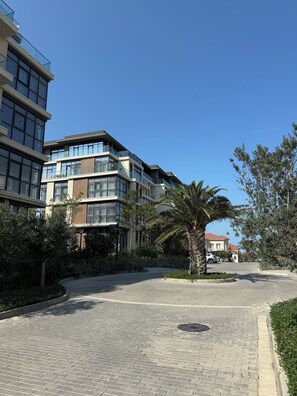 Um edifício moderno com vários andares, grandes janelas e um pátio pavimentado com uma palmeira.
