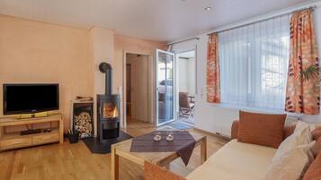 A living room with a TV, a fireplace, a sofa, and a window with curtains.