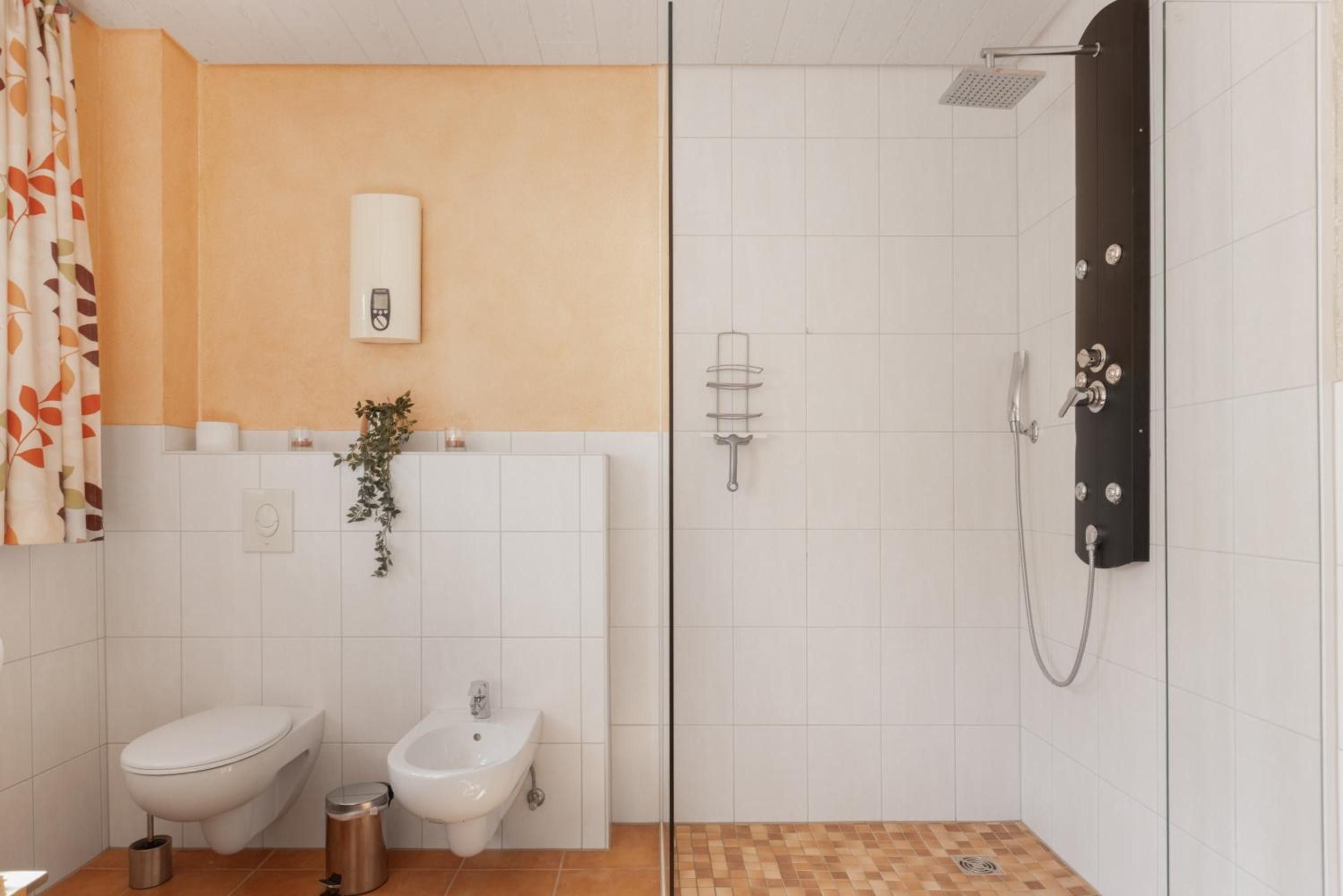 Ein Badezimmer mit Toilette, Bidet und Dusche.