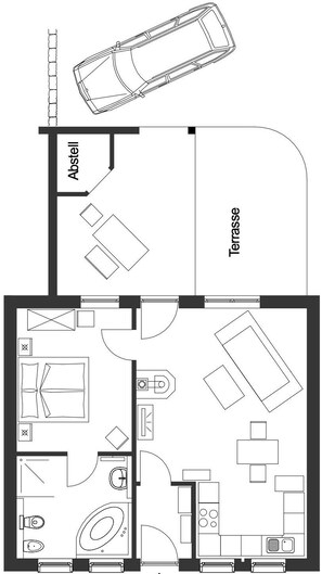 Ein Grundriss mit Terrasse, Bad, Küche und Essbereich.