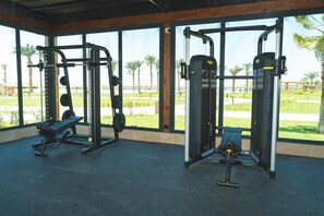 Une salle de sport équipée de matériel de musculation, dotée de grandes fenêtres et offrant une vue sur des palmiers.