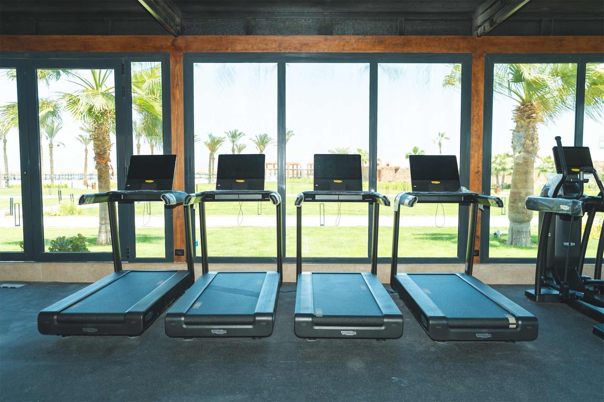 A gym with treadmills, each with a laptop on top, and large windows with a view of palm trees.