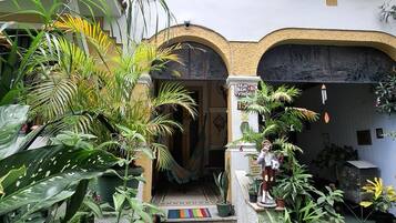A building with a central entrance, surrounded by lush greenery and a variety of plants.