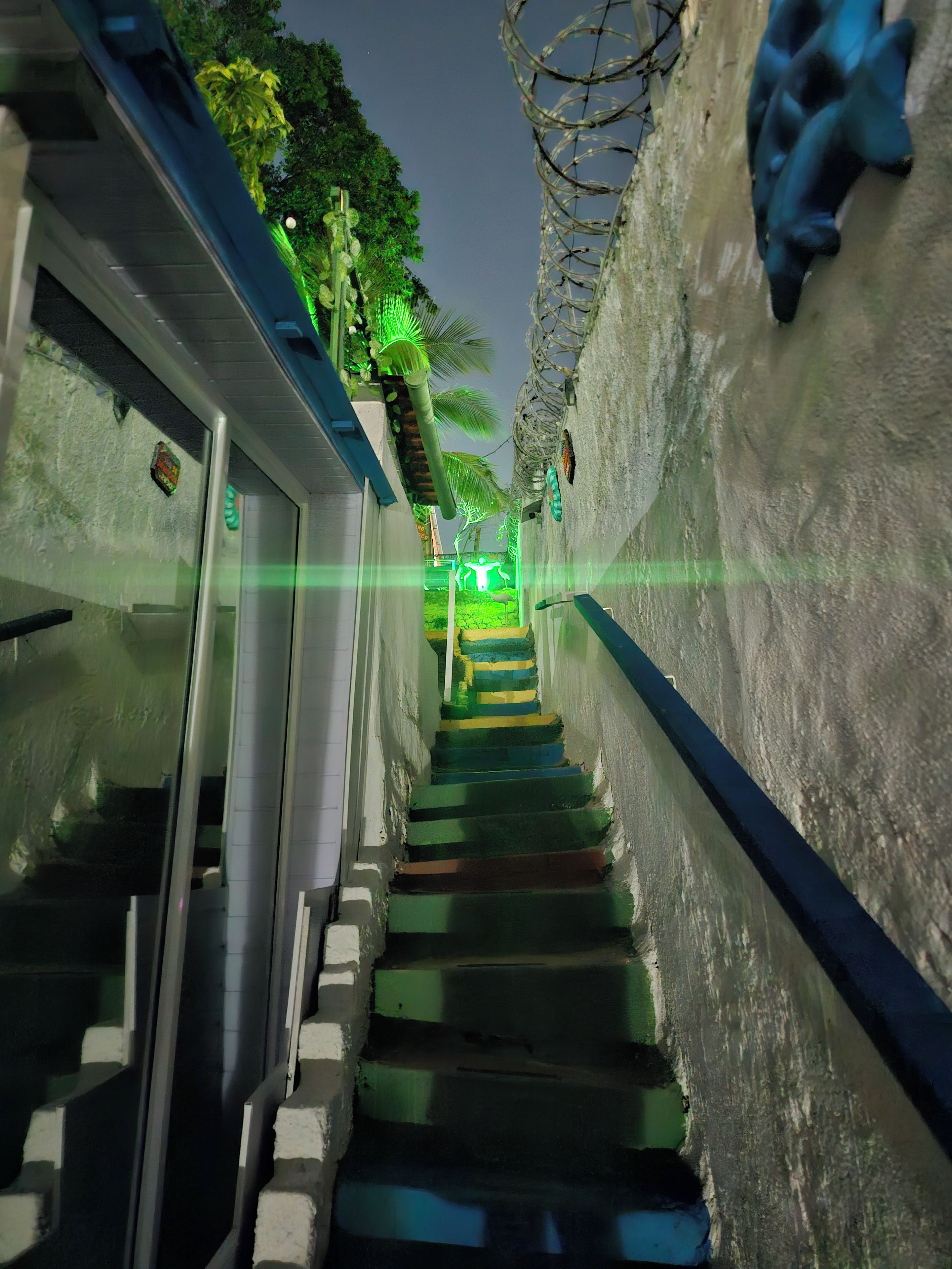 Een smalle trap met een glazen deur links en een muur met decoratieve prikkeldraad rechts.