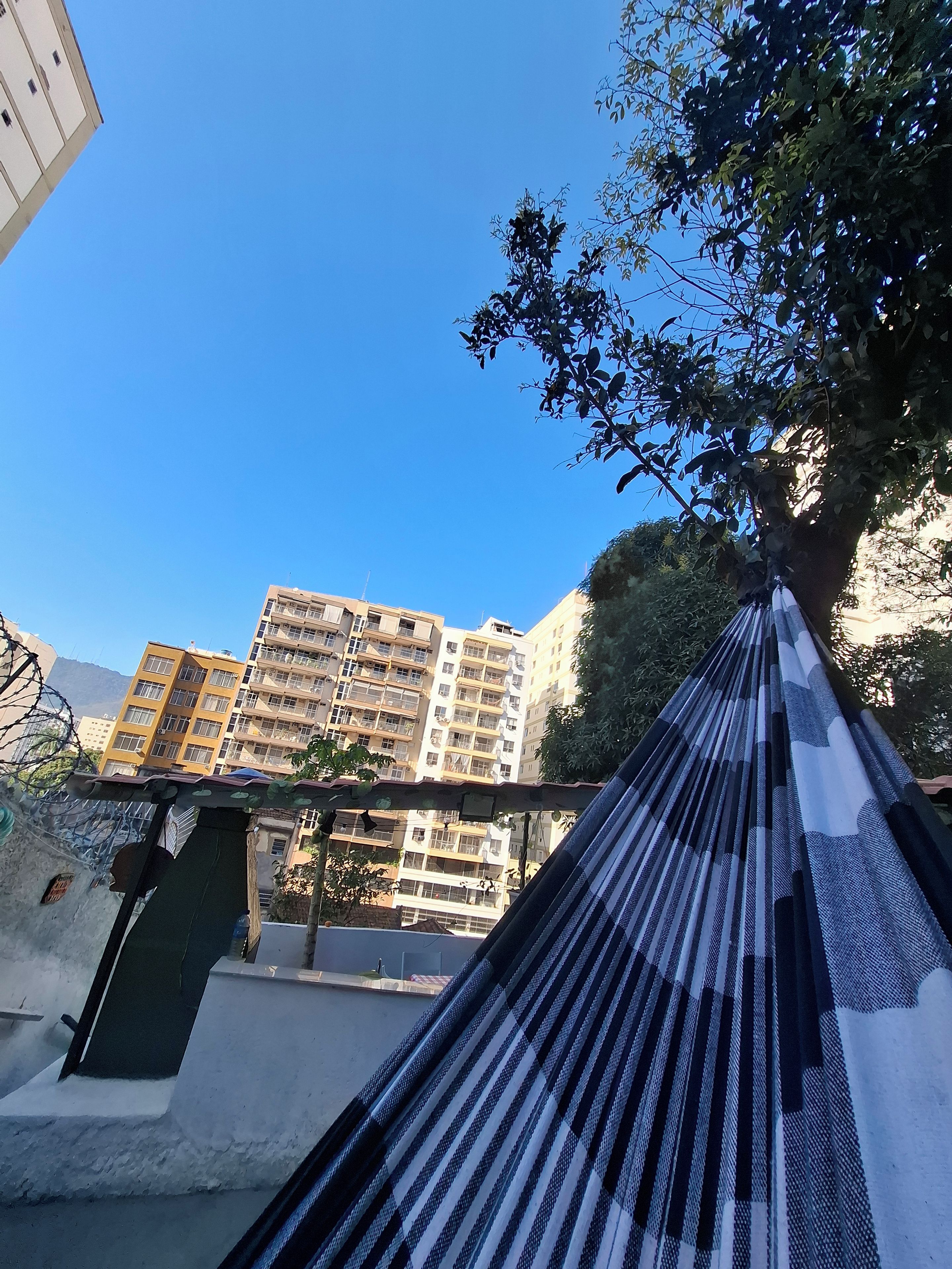A hammock with a view of a building complex and a tree.
