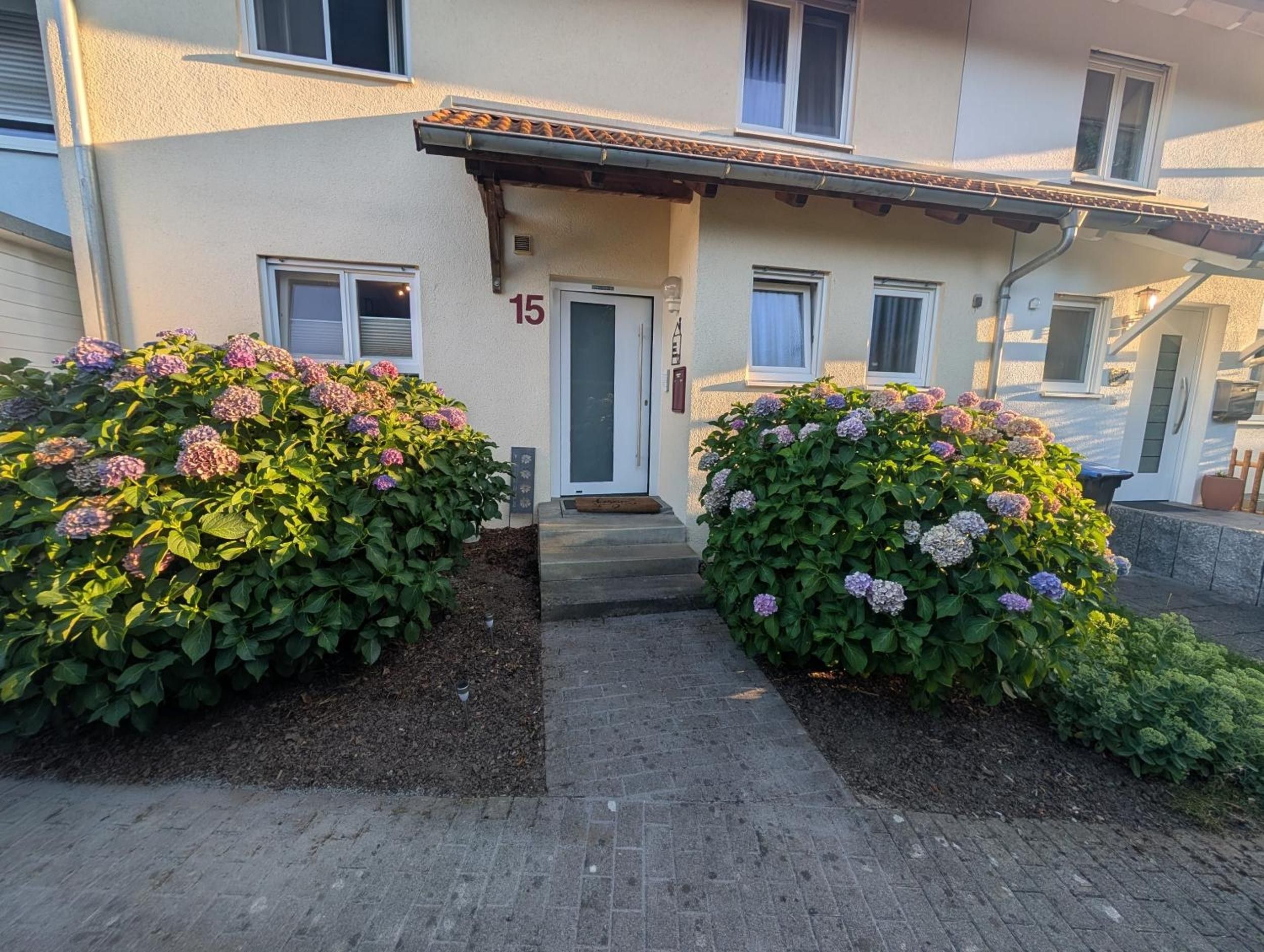 Un immeuble dont l’entrée est le numéro 15, doté d’un porche couvert et de deux grands arbustes ornés de fleurs d’hortensia.