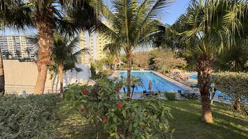 A swimming pool surrounded by palm trees and greenery, with a view of a building in the background.