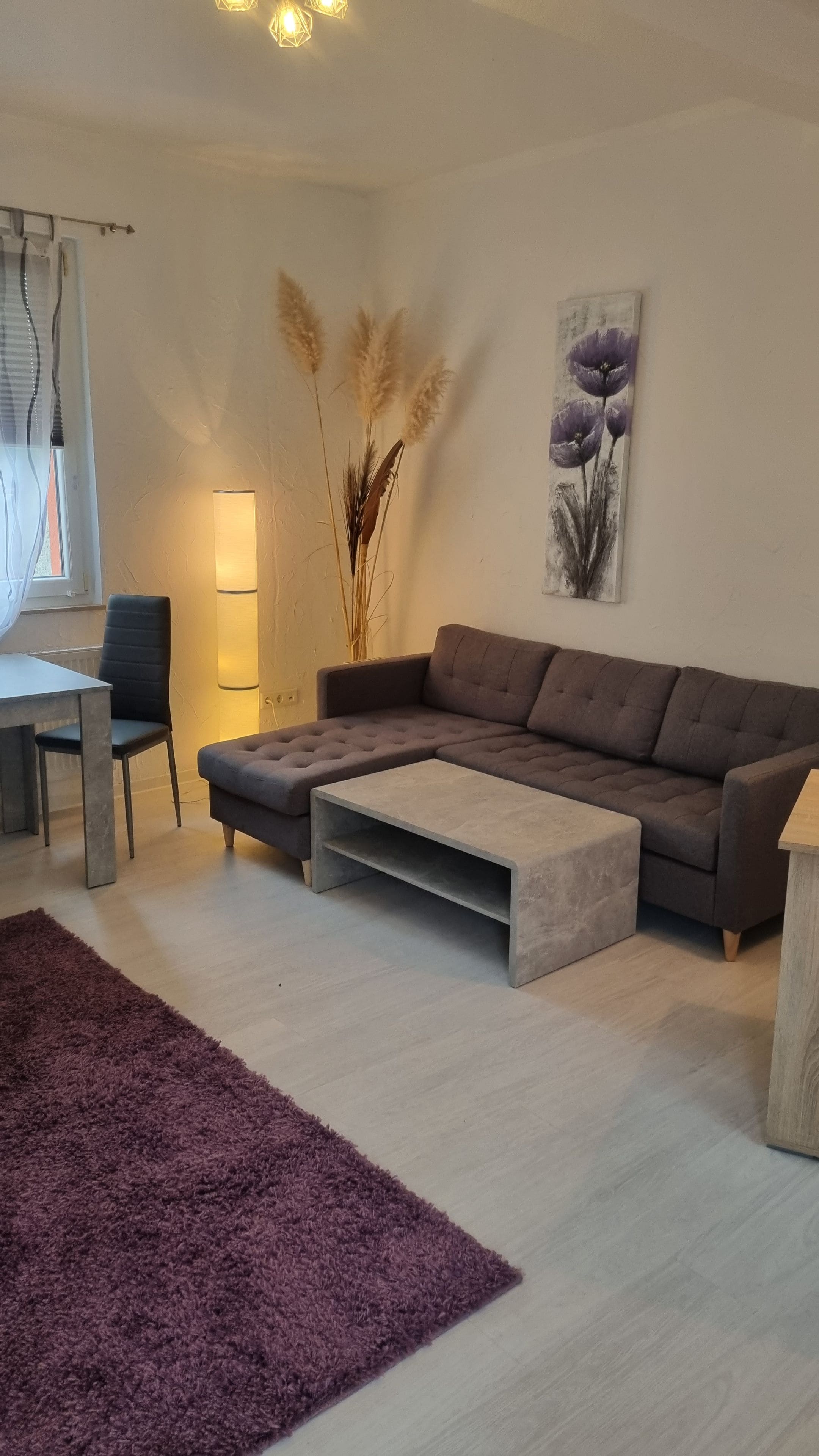 Ein modernes Wohnzimmer mit einer Eckcouch, einem Esstisch mit Stühlen, einem violetten Teppich und einer hohen Stehlampe.