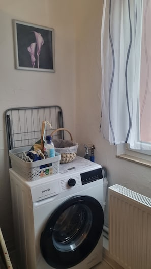 A laundry area with a washing machine, a basket, a bottle, and a picture on the wall. - At home in Oppenheim (Oppenheim)