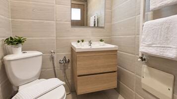 A modern bathroom with a toilet, sink, and mirror.
