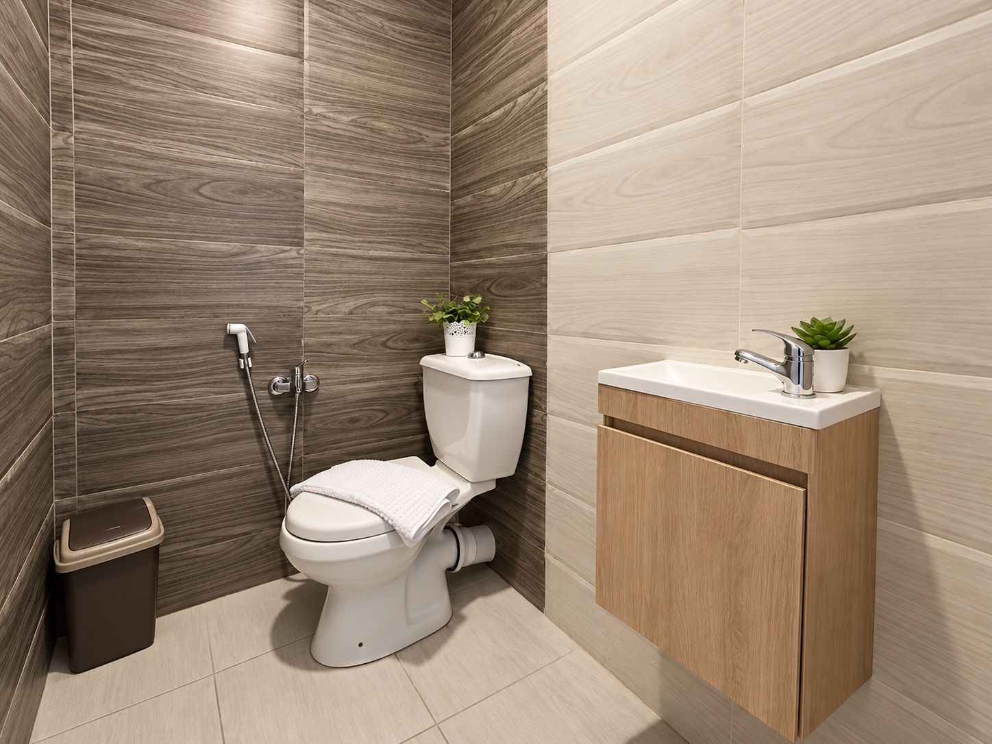 Un baño moderno con inodoro, bidé y lavamanos.