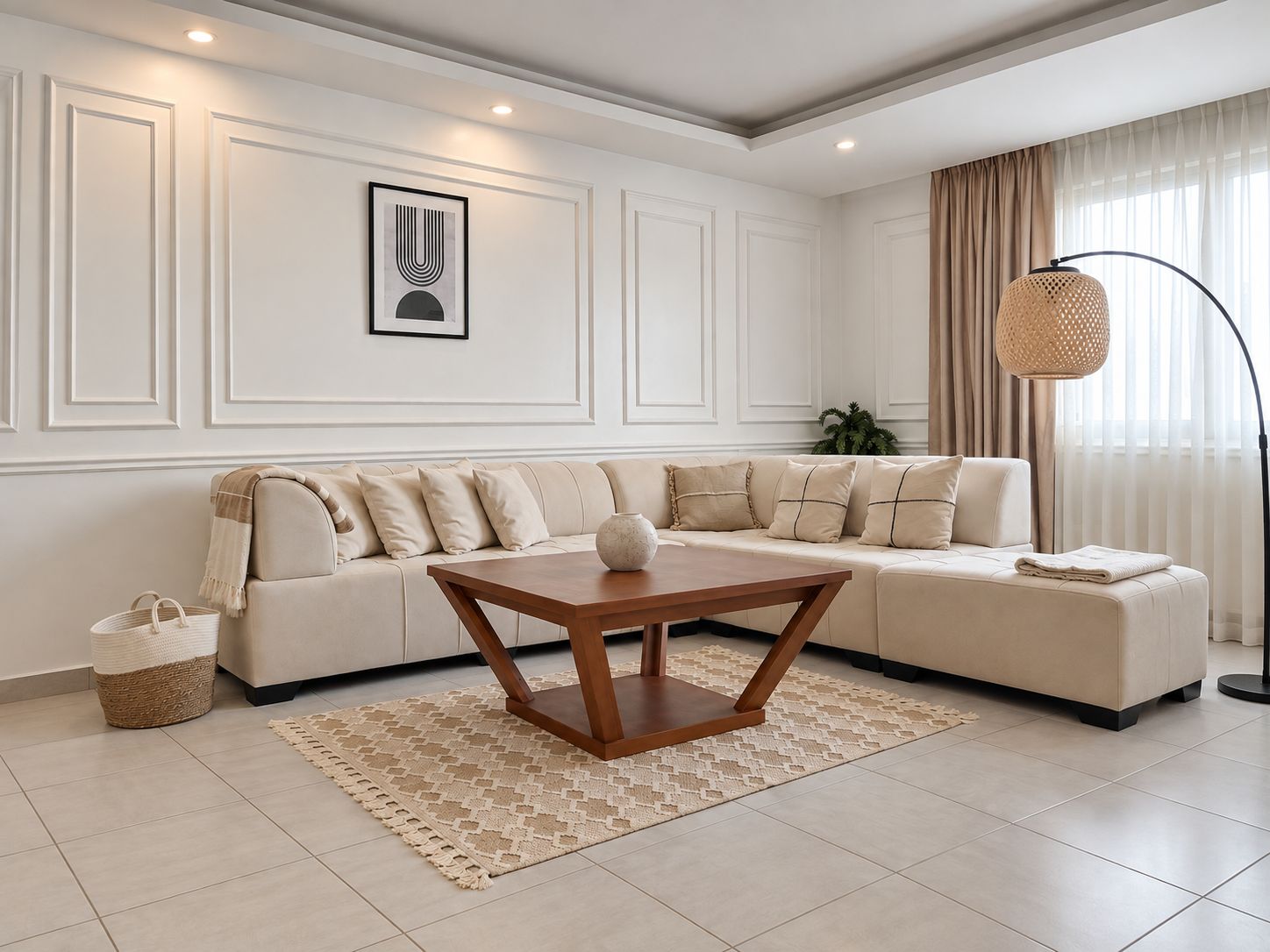 Una sala moderna con un sofá modular, una mesa de centro de madera, una cesta tejida y una lámpara de pie.