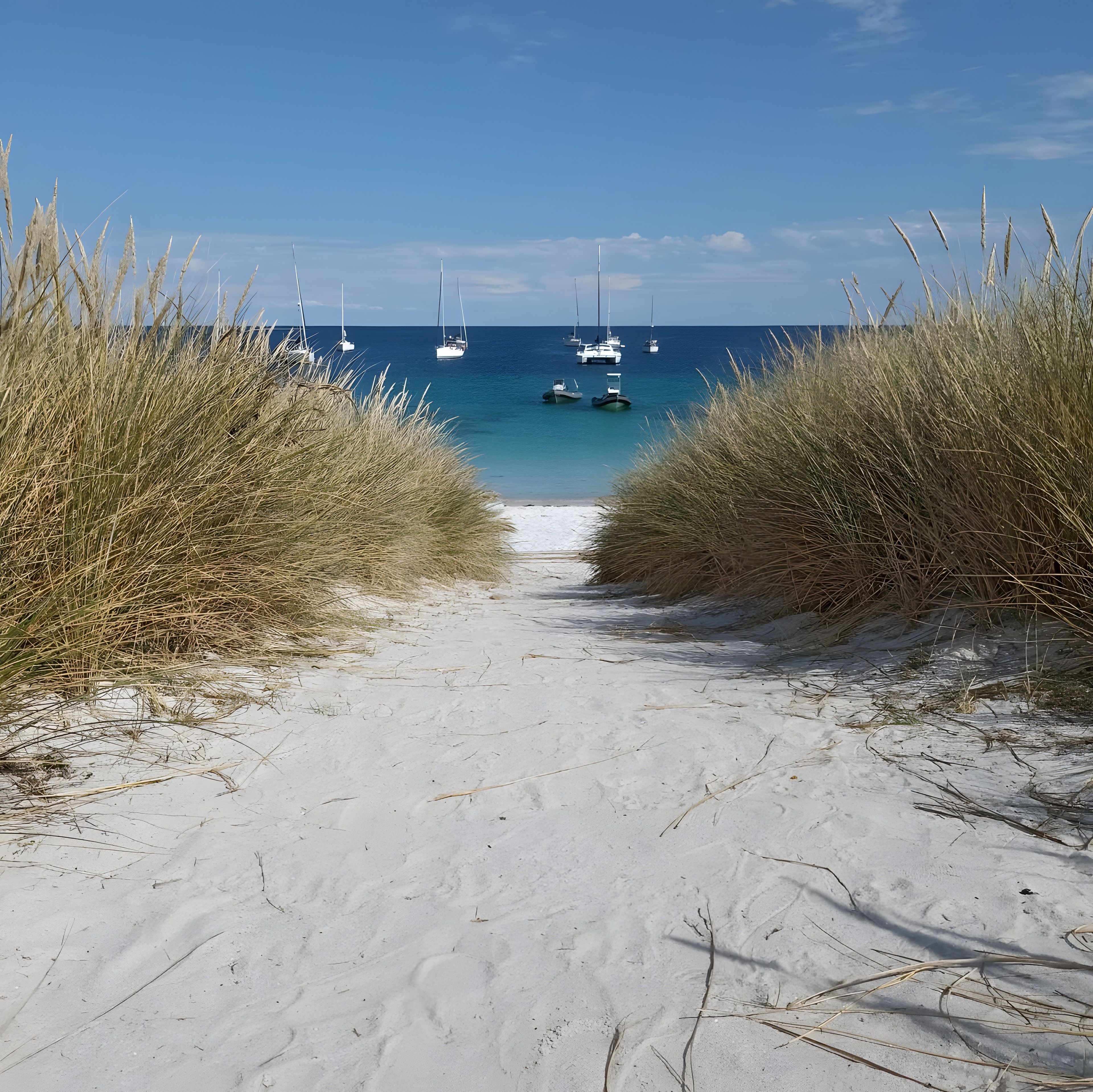 A sandy beach path leading to a calm sea with sailboats.