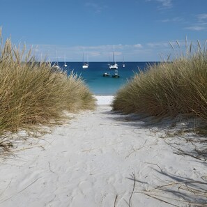 Ein Sandweg am Strand, der zu einem ruhigen Meer mit Segelbooten führt.