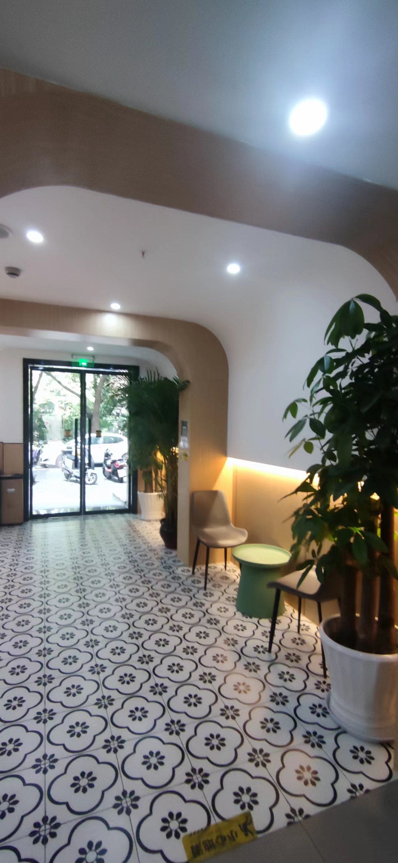 A lobby with patterned flooring, a seating area with chairs, a potted plant, and a glass door leading outside.