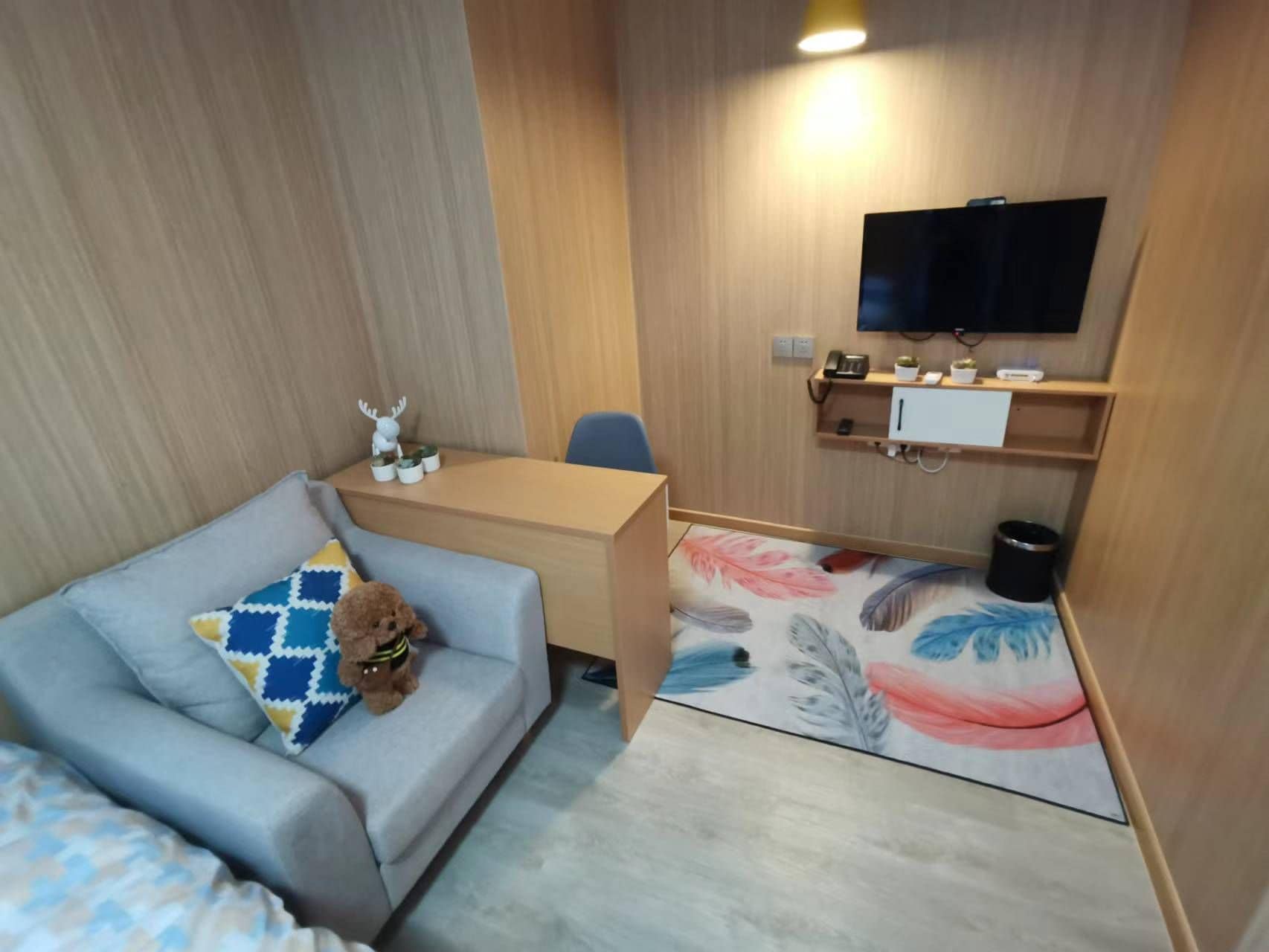 A compact room with a sofa, a small desk, a television mounted on the wall, and a patterned rug.