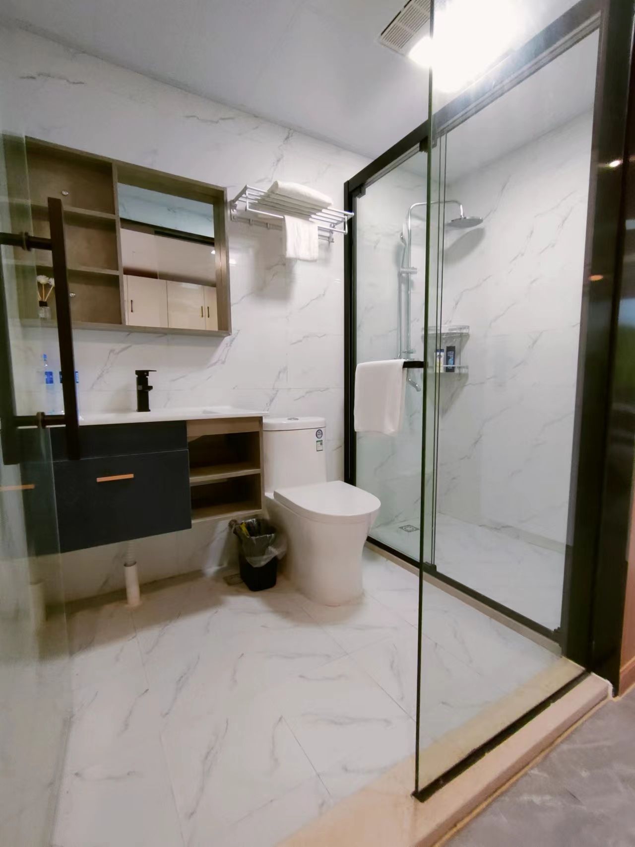 A modern bathroom with a glass-enclosed shower, a white toilet, and a vanity with a mirror.