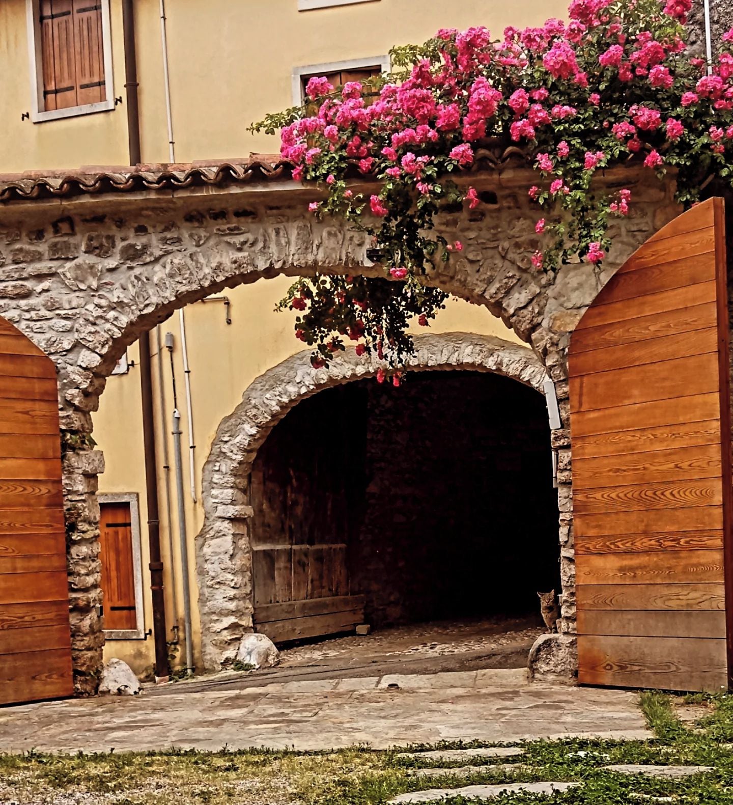An arched stone doorway with a wooden door, a stone wall, and a wooden fence.