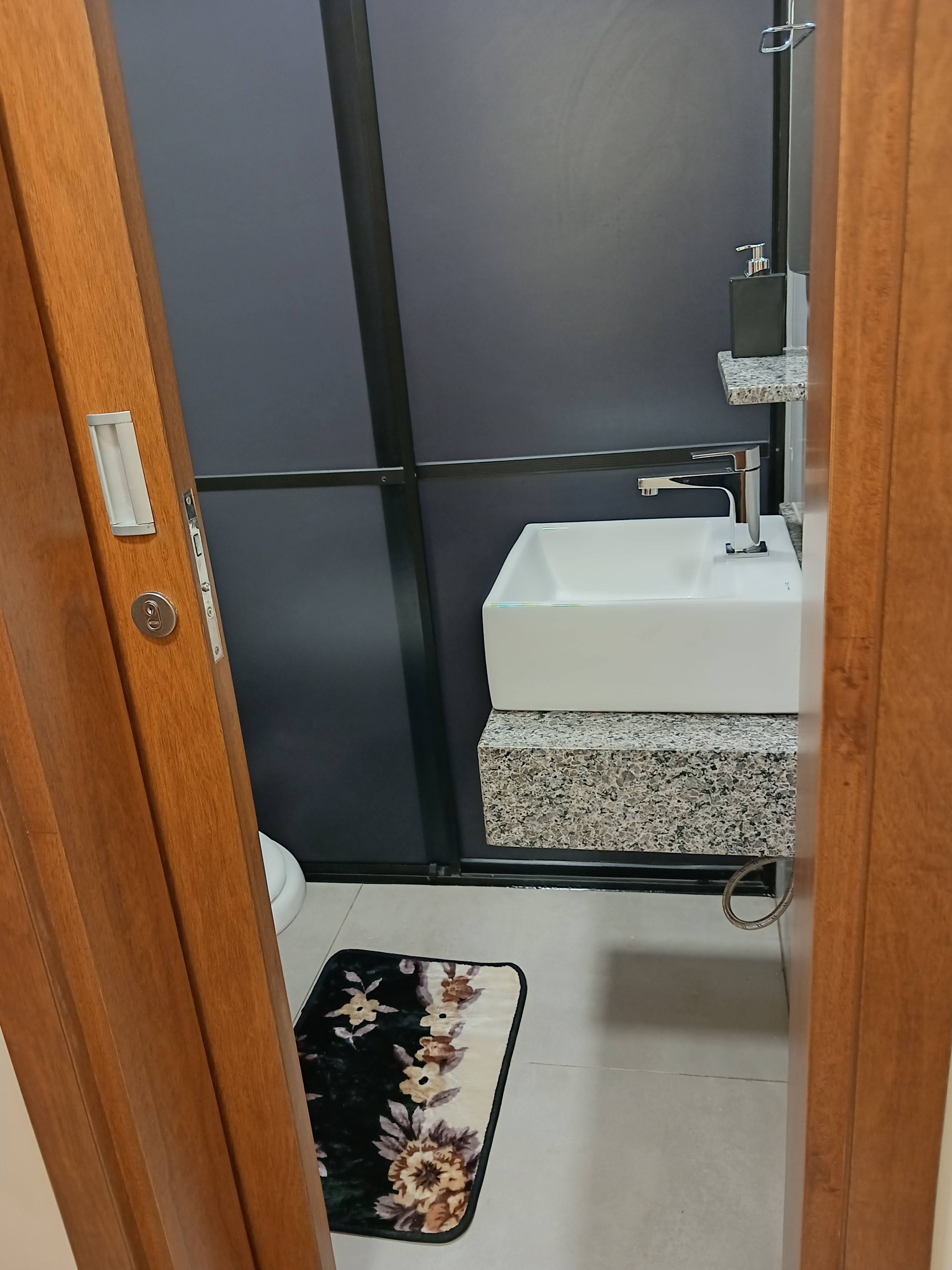 Un baño con un lavamanos blanco, pared oscura y puerta de madera.
