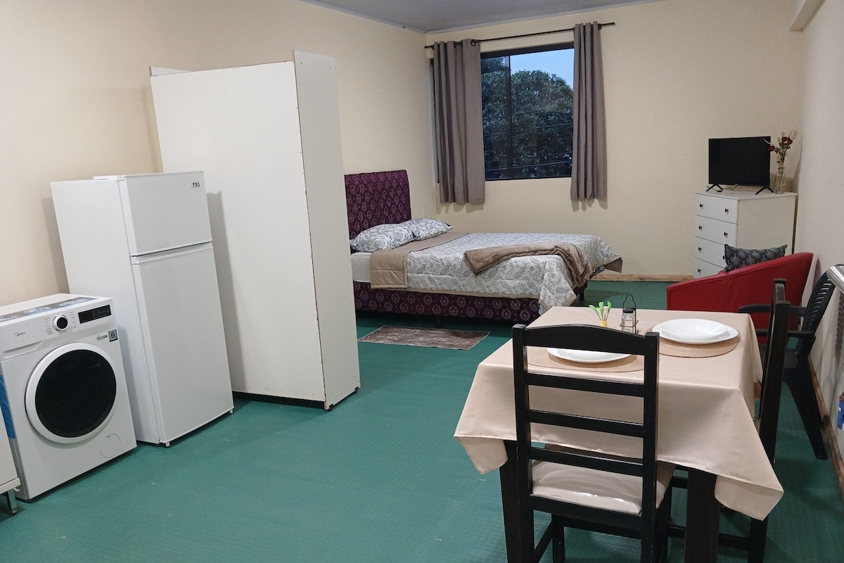 A compact room with a bed, a table with chairs, a washing machine, and a television.