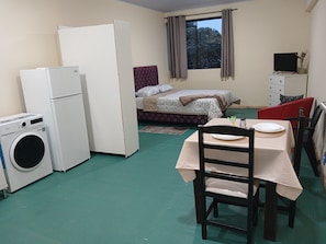 A compact room with a bed, a table with chairs, a washing machine, and a television.