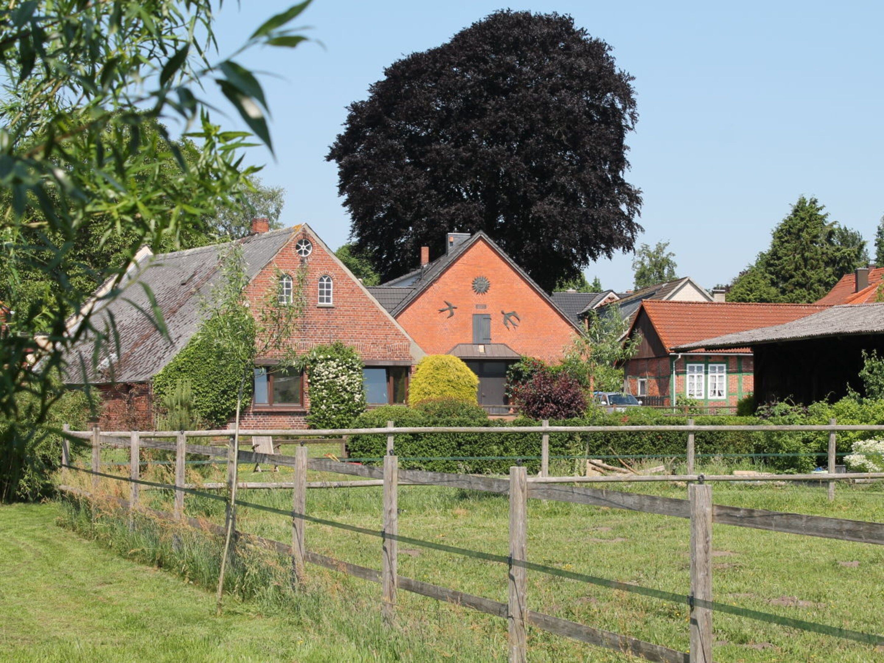 A rural setting with traditional brick houses, a large tree, and a wooden fence.