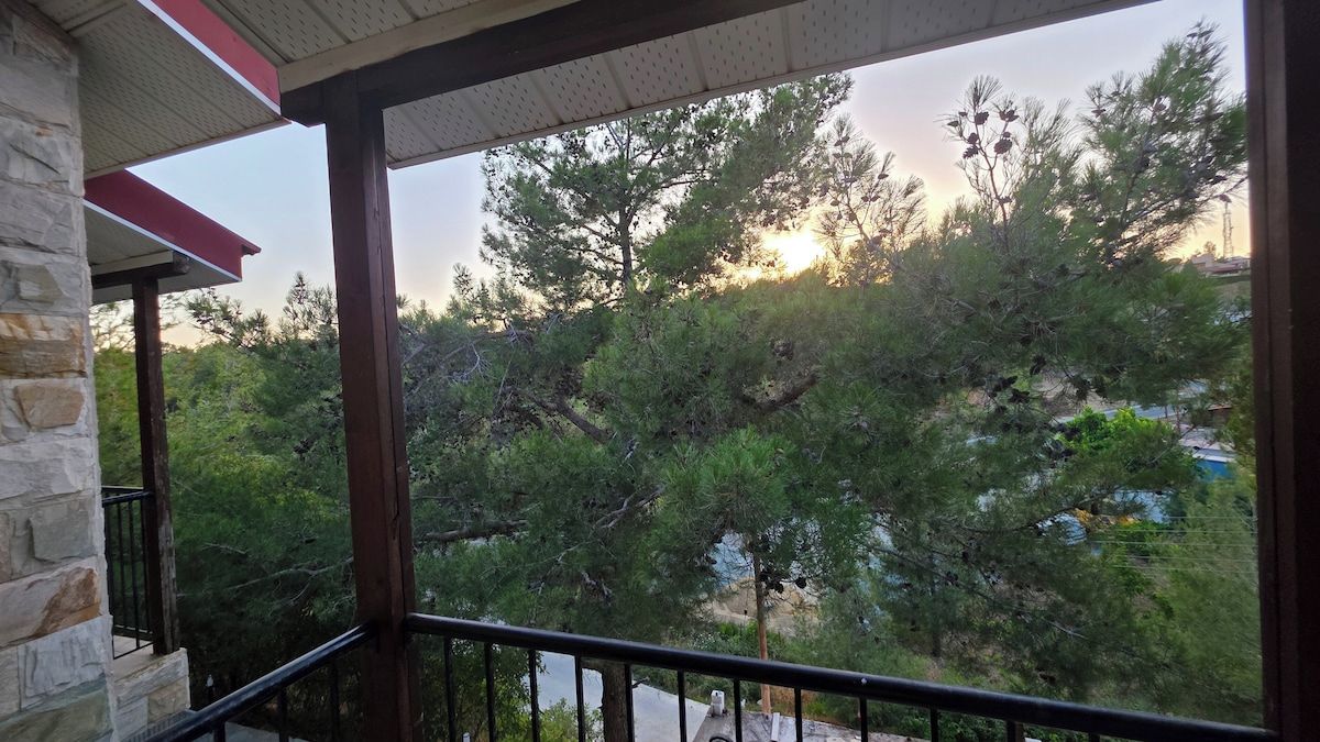 A balcony with a stone wall, wooden railing, and a view of trees and a distant building.