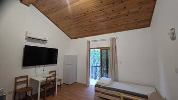 A room with a bed, a desk with a chair, a television, and a window with curtains.