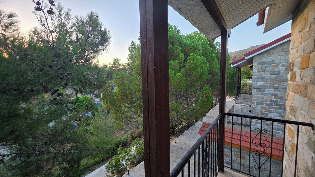 A balcony with a stone wall and metal railing overlooking a forested area.